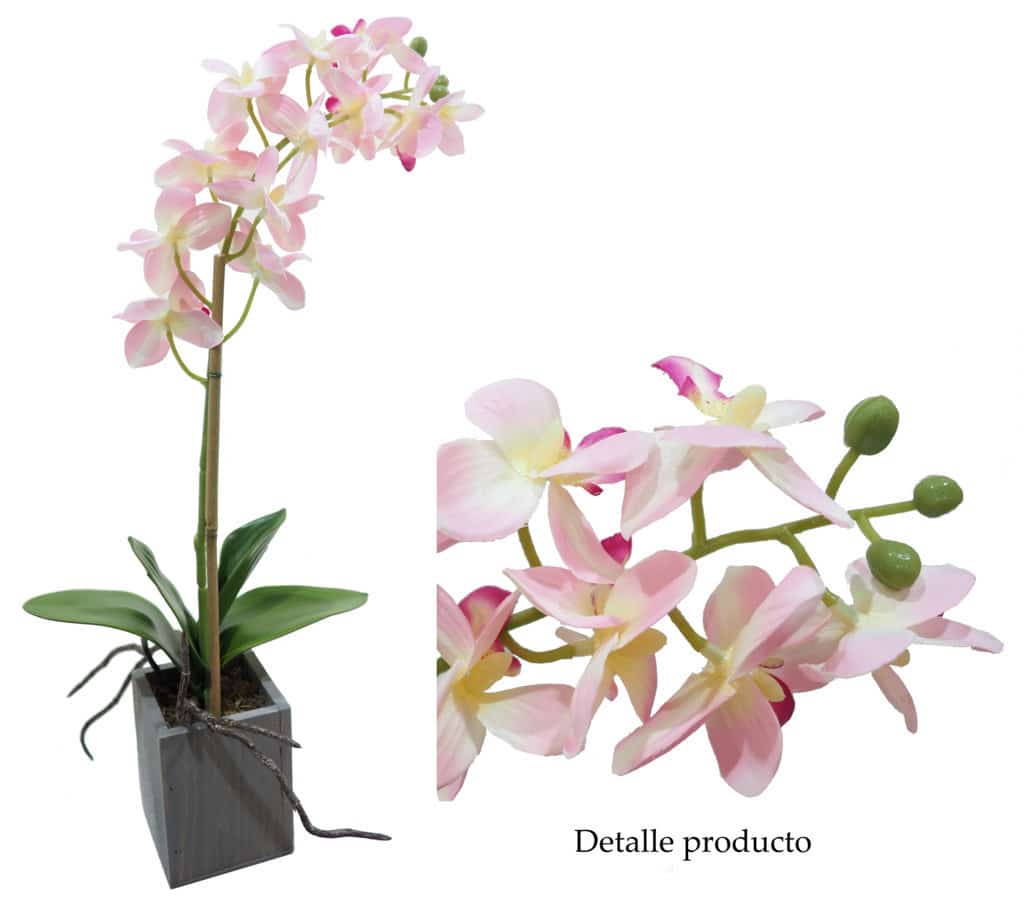 Orquídea rosa base madera gris - 8x8x45cm.